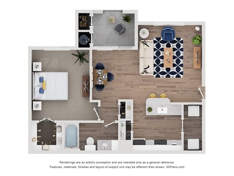 Floor plan for 1 bed, 1 bath, 731 sqft